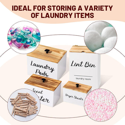 4 Pcs Magnetic Laundry Pod Holder Laundry Room Container Set, Lint Bin with Scoop and Brush Dryer Sheet Holder, Scent Booster Container Rustic Gift Wood Farmhouse Room Decorcontainer(Black)