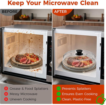 Glass Microwave Splatter Cover for Food, 10 In Glass Microwave Splatter Guard with Vent Hole, BPA Free, Easy-Grip Silicone Knob, Dishwasher Safe, Food Grade, Heat Resistant, No Plastic