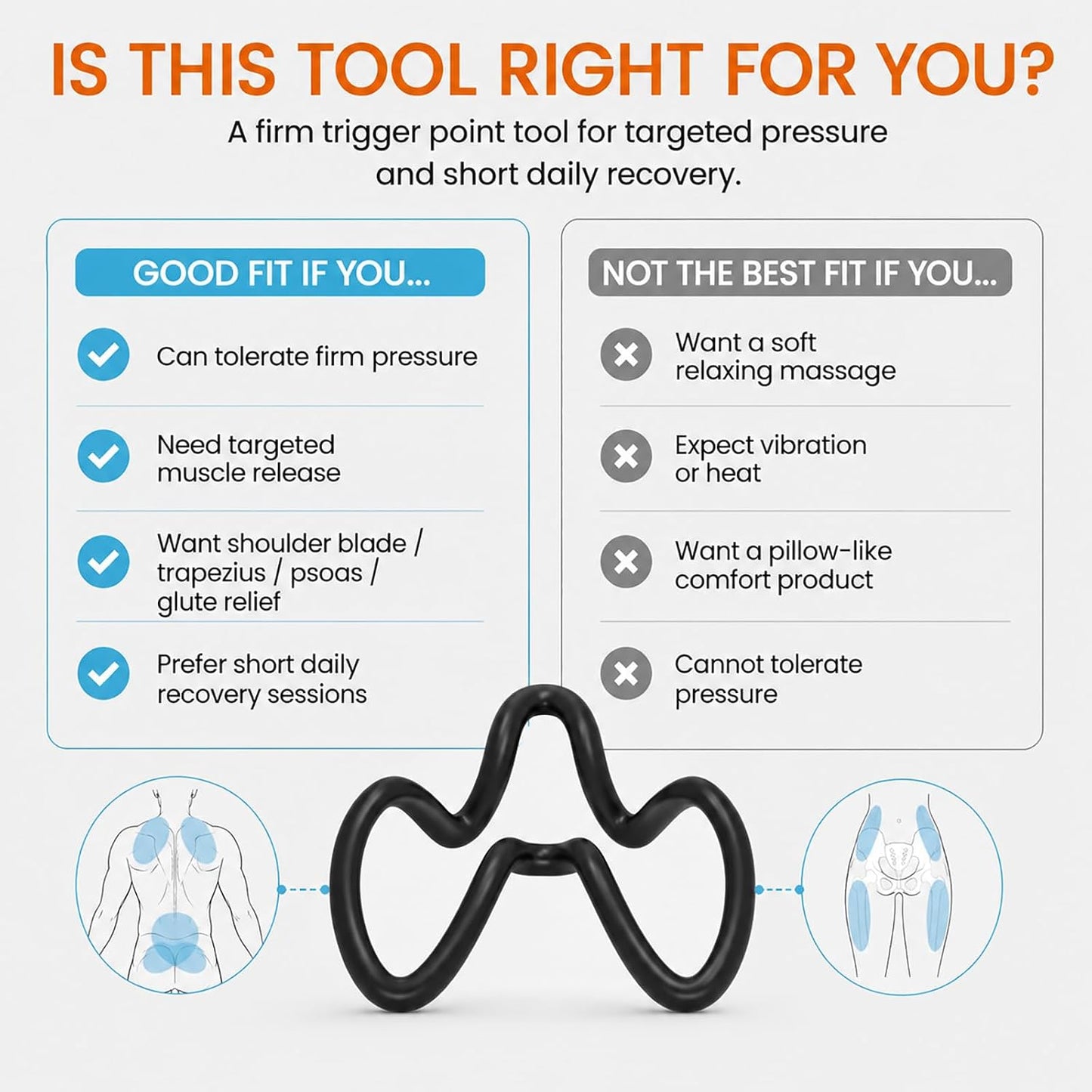 Trigger Point Massager for Shoulder Blades, Psoas & Hip Flexors | Firm deep-tissue pressure for shoulder blades, trapezius, upper back, hip flexors and glutes; manual body-weight control