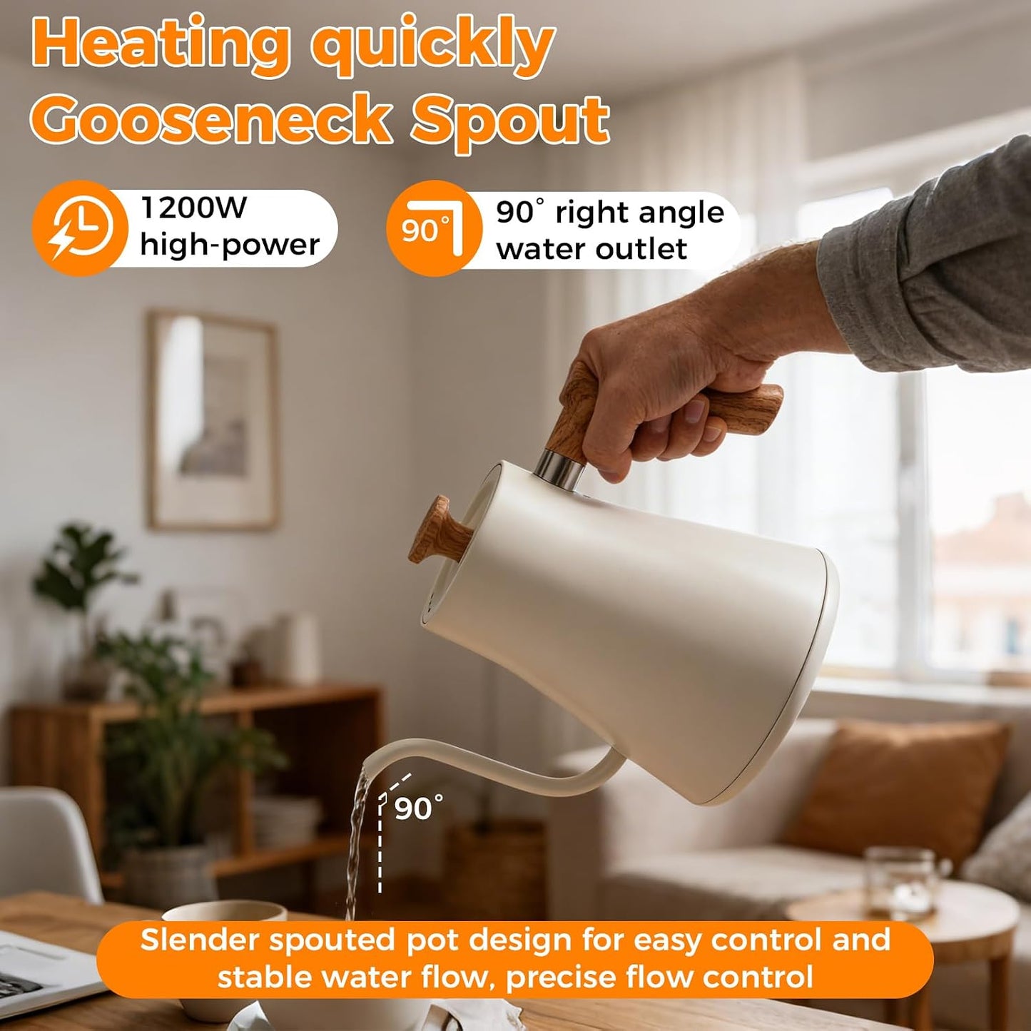 Gooseneck Electric Tea Kettle with Pour Over Pot with LED & Precise 1°F Temp Control,Keep Warm, Hot Water Kettle for Home/Office 304 Stainless Steel (White)