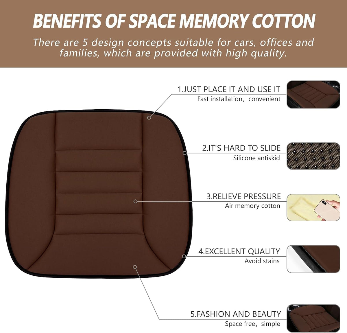 MYFAMIREA Car Seat Cushion Pad 1.2" Thick Comfort Seat Protector for Car Driver Seat Office Chair Home Use Memory Foam Seat Cushion with Non Slip Bottom, 20'' x 18.5'', Black