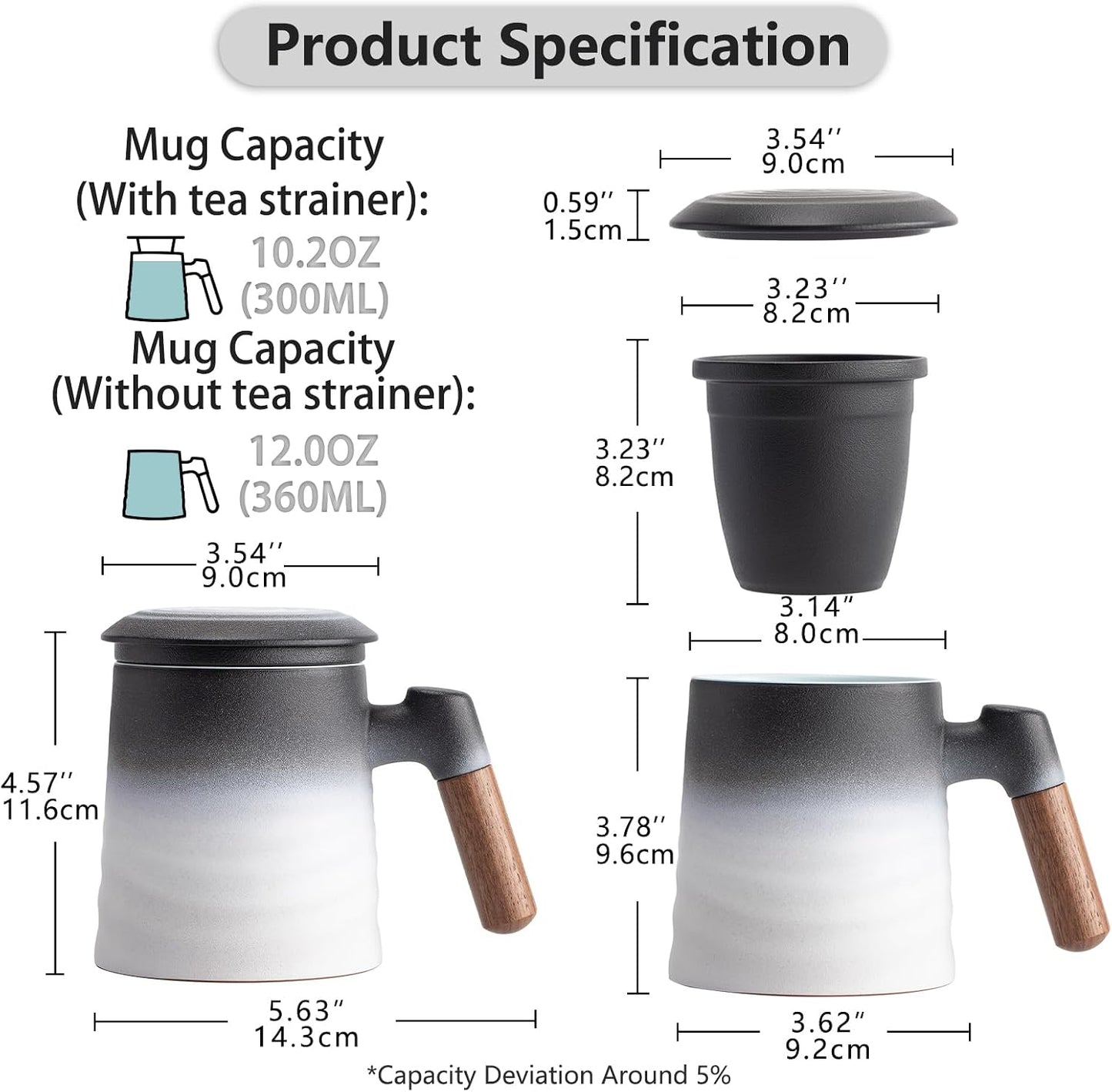 ZENS Tea Mug with Infuser and Lid for Loose Leaf Tea Steeper, 16.9oz Moss | Embossed Ceramic Tea Cup with Infuser for Herbal Tea Difussers, Tea Lovers Gifts, Nature Wood Handle