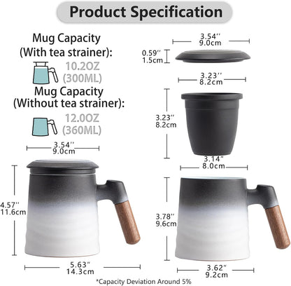 ZENS Tea Mug with Infuser and Lid for Loose Leaf Tea Steeper, 16.9oz Moss | Embossed Ceramic Tea Cup with Infuser for Herbal Tea Difussers, Tea Lovers Gifts, Nature Wood Handle