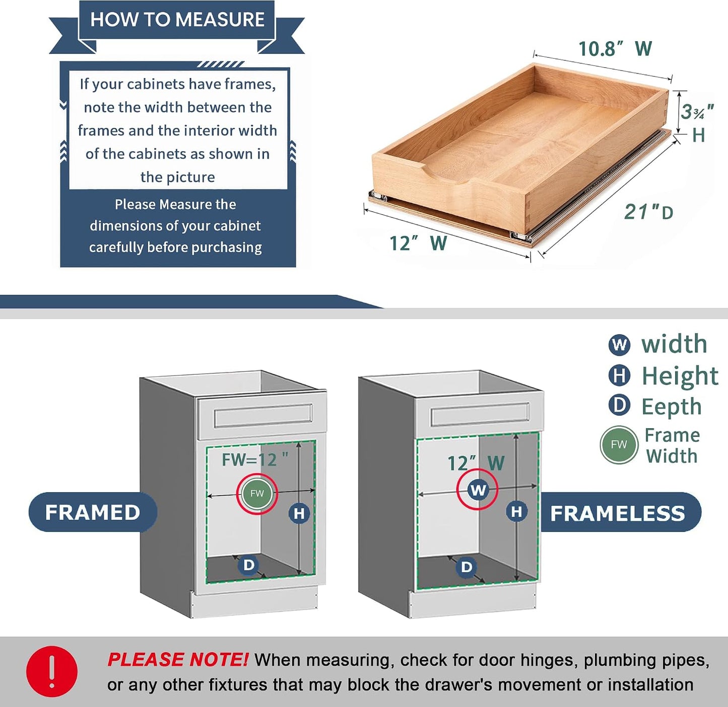 Pull Out Cabinet Drawers - 9x2 Size Options (10-29'W,18-21'D), Pre-Assembled with Soft Close Slides, Solid Beechwood, Easy Installation(10'W x 18'D)