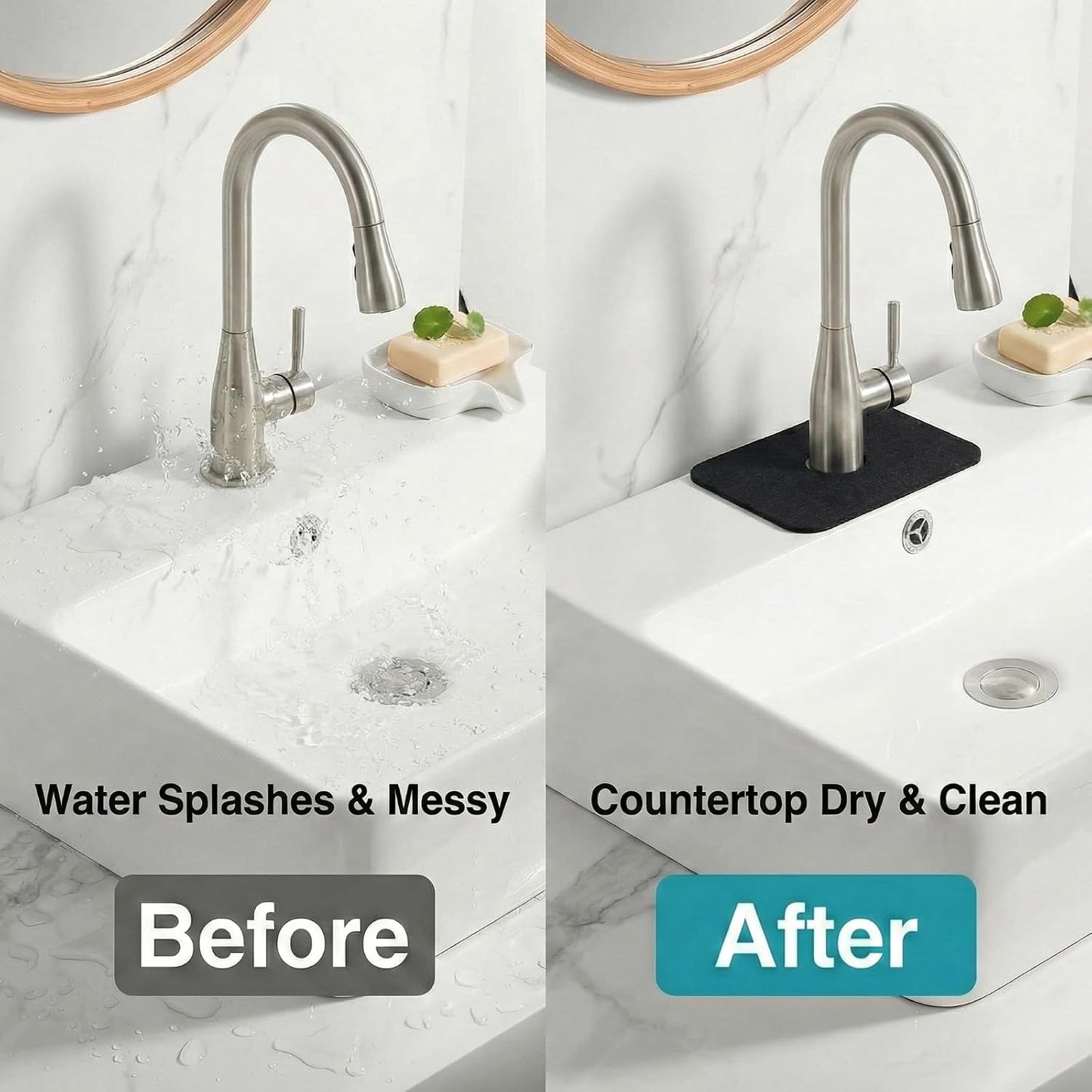 Small Faucet Mat for Kitchen Sink: 2PCS 9"Lx5.5"W Splash Guard | Mini Drip Catcher for Bathroom Laundry RV Bar Compact, Corner & Irregular Sink with 2, 3 Holes or Soap Dispenser - Black