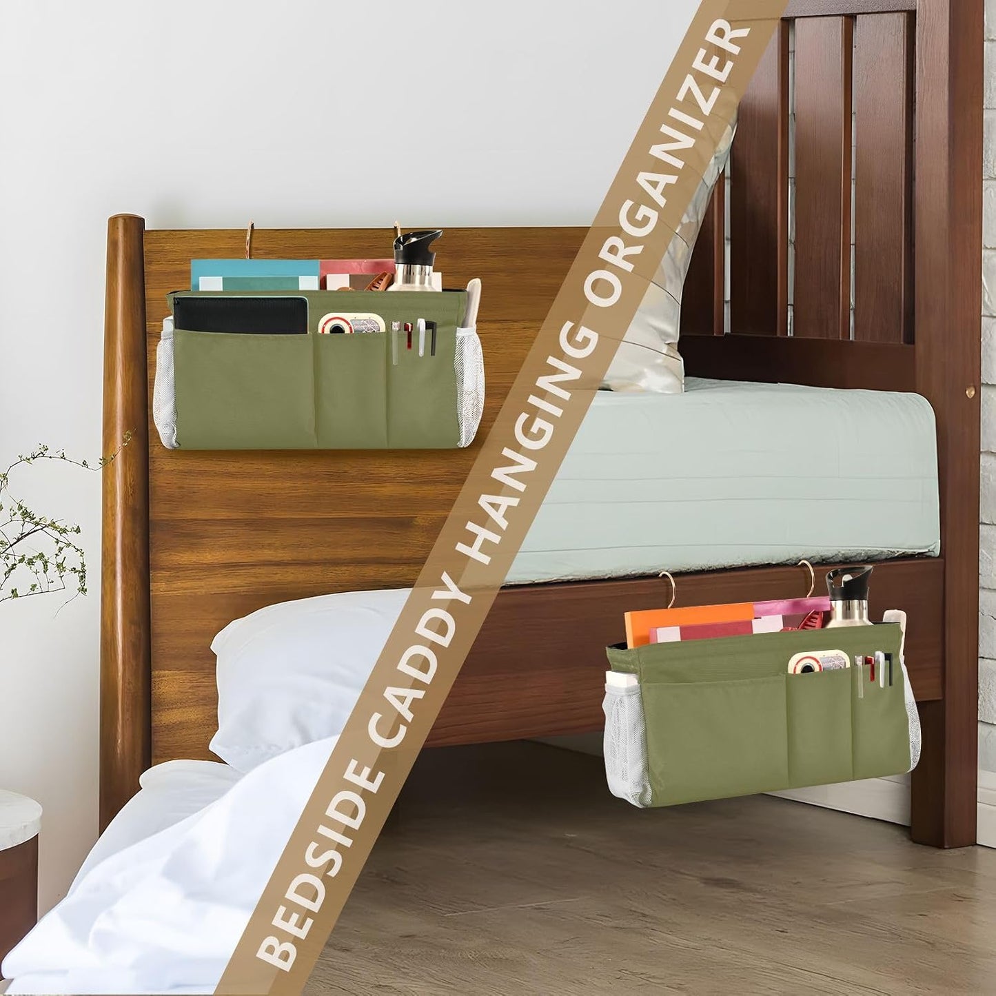 Black Bedside Caddy Storage Bag Bedside Organizer for Bed Rails College Dorm Room Organizer Caddy Hanging Shelf 6 Pockets with Hooks for Drinks Magazine Phone Holder