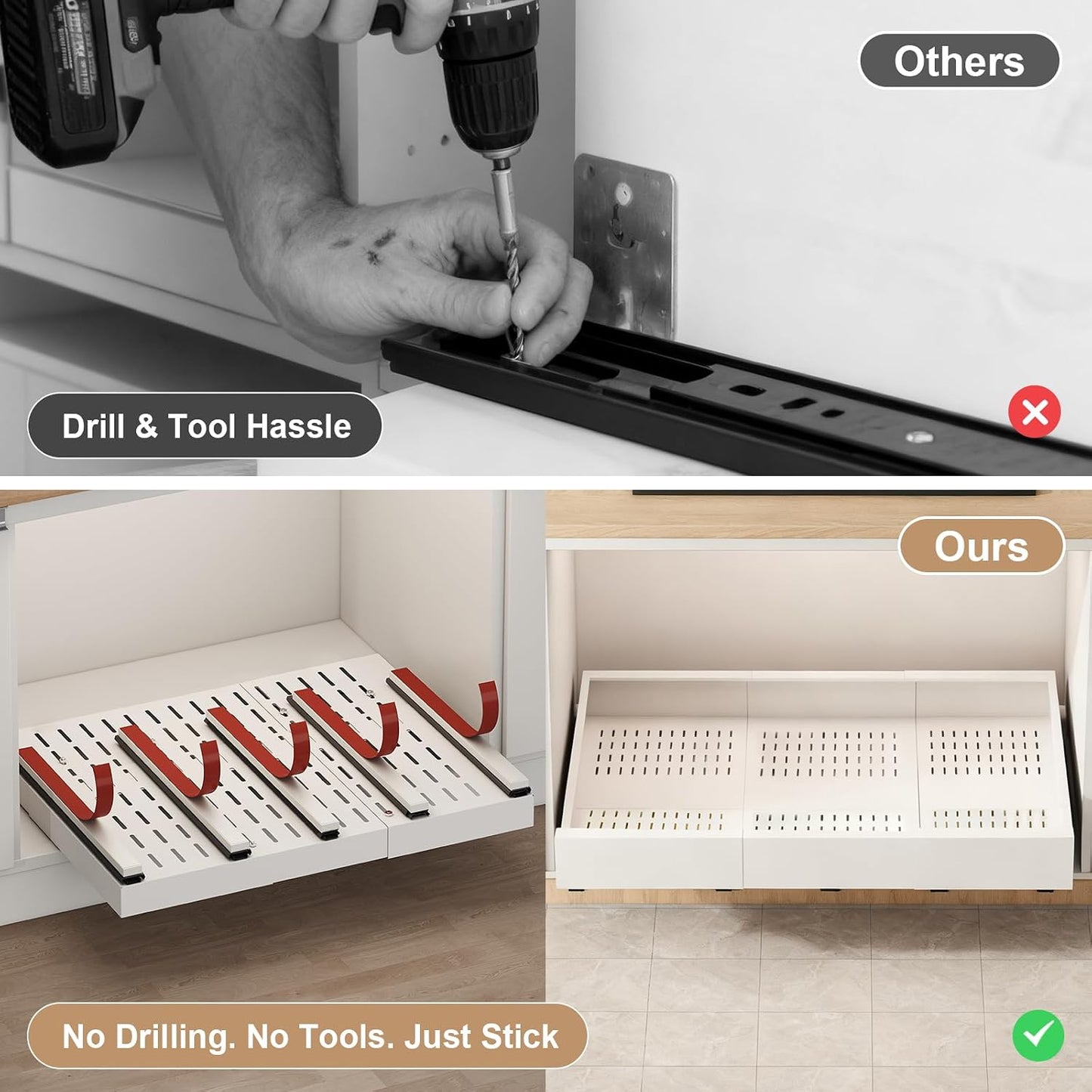 Fokyfok Pull out Cabinet Organizer,11"-16"W,17"-24"D,Expandable,Adhesive | No Drill,3 Rails,Roll out Drawers,Adjustable Slide out Shelves for Kitchen,Pantry,Framed and Framless Cabinets,White,1PC
