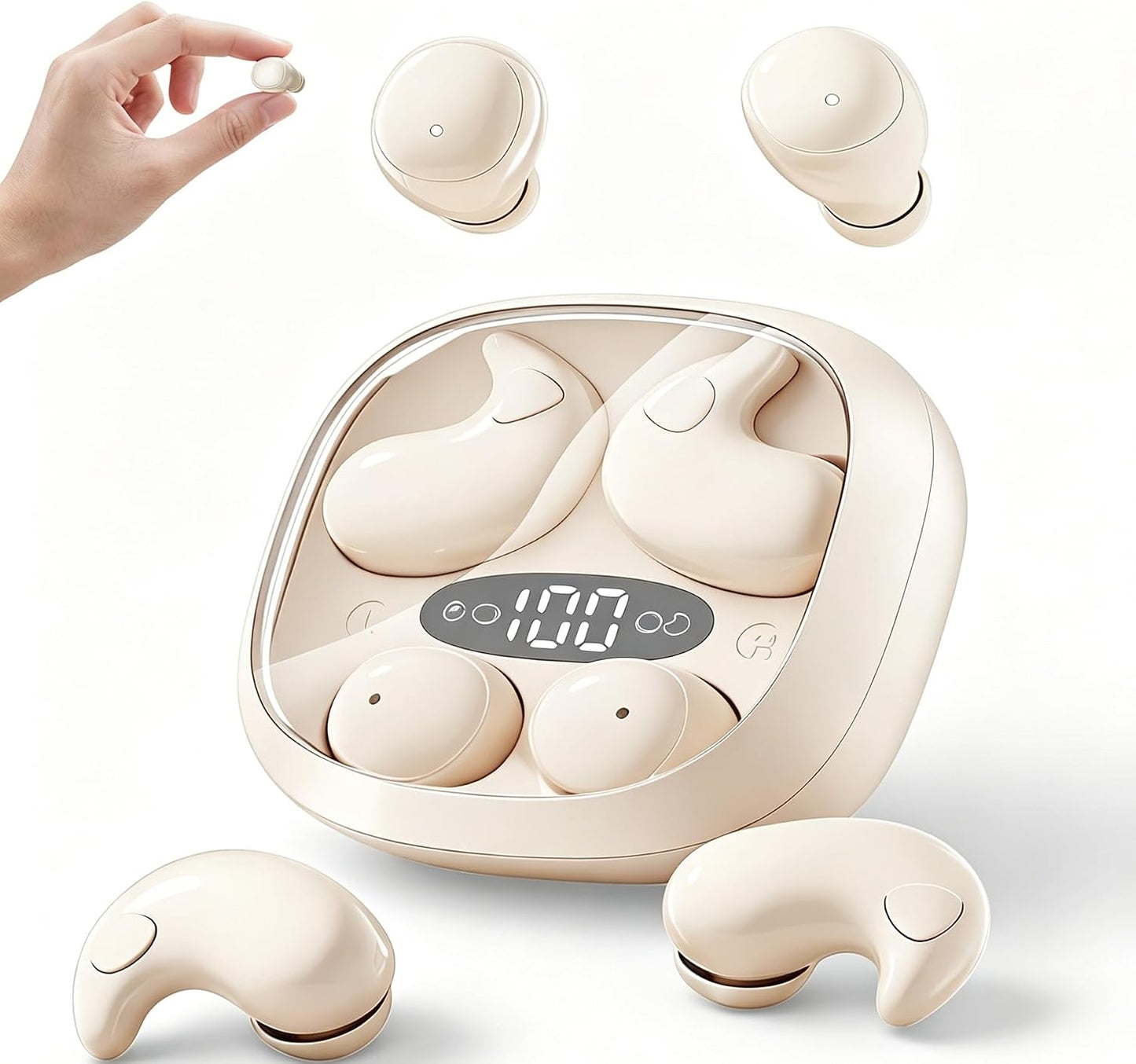 Sleep Earbuds for Side Sleepers, 2 in 1 Mini Earbuds Wireless Bluetooth for Sleeping, Discreet in-Ear Earphones for Small Ear Canals, Noise Cancelling, Small Ear Buds for Travel, Work, Relax(Beige)