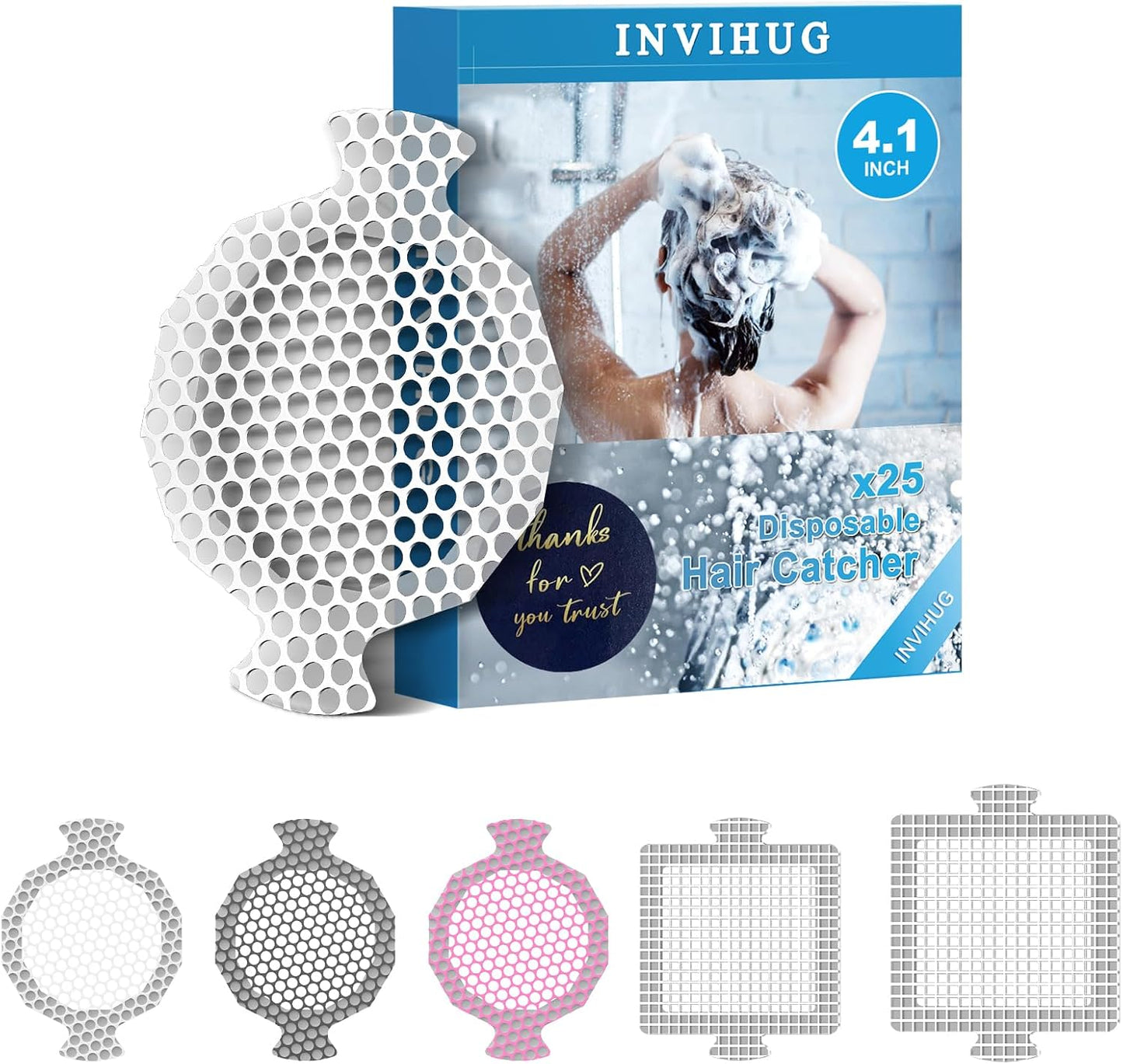 25 Pack, Disposable Shower Drain Hair Catcher Mesh Stickers, Disposable Hair Drain Catcher.(White,4.1inch), Hc2-4.1inRound-25