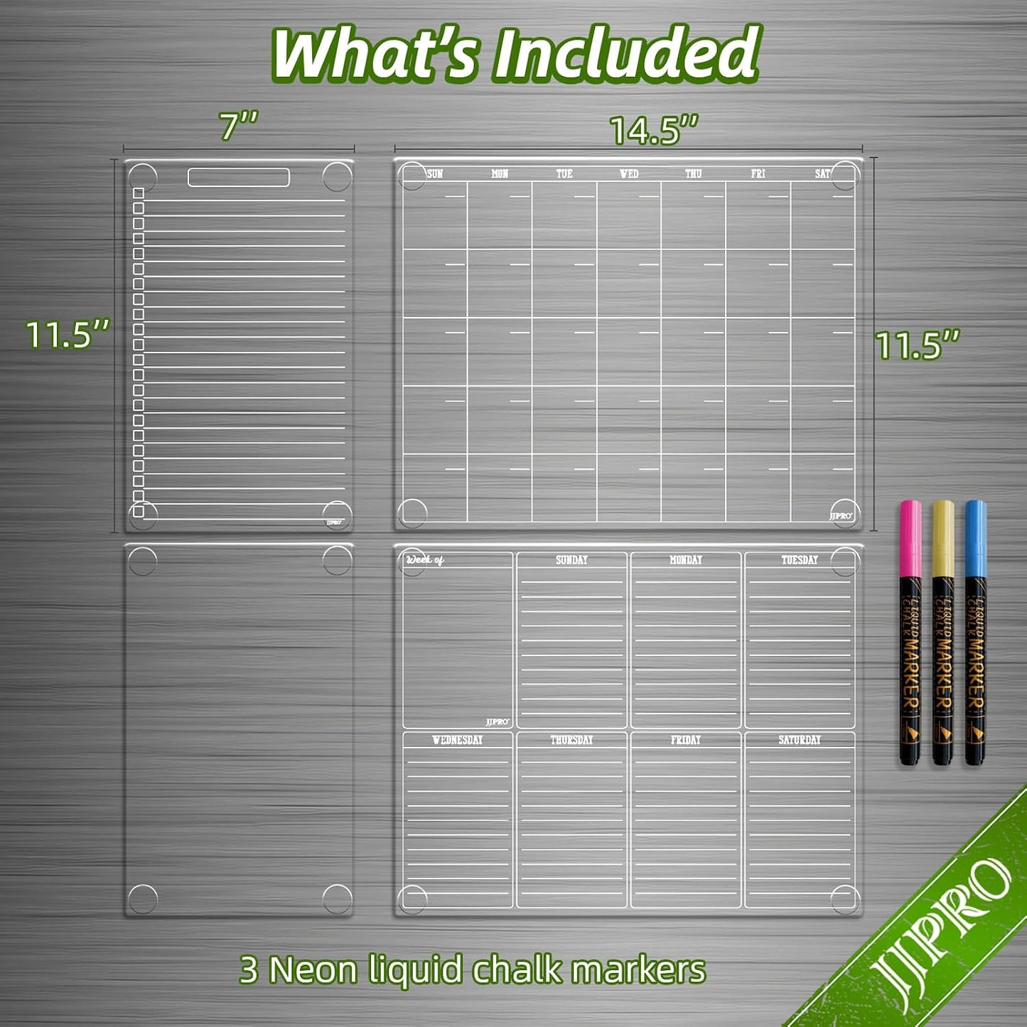 JJPRO Non-Magnetic Dry Erase Calendar for Fridge, Monthly Calendar, Weekly Planning Board Bundle for All Smooth Surfaces. Clear Reusable Calendar Stick to Fridge,Cabinet,Door&Glass
