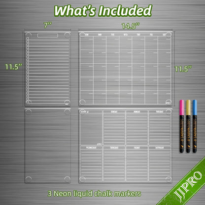 JJPRO Non-Magnetic Dry Erase Calendar for Fridge, Monthly Calendar, Weekly Planning Board Bundle for All Smooth Surfaces. Clear Reusable Calendar Stick to Fridge,Cabinet,Door&Glass