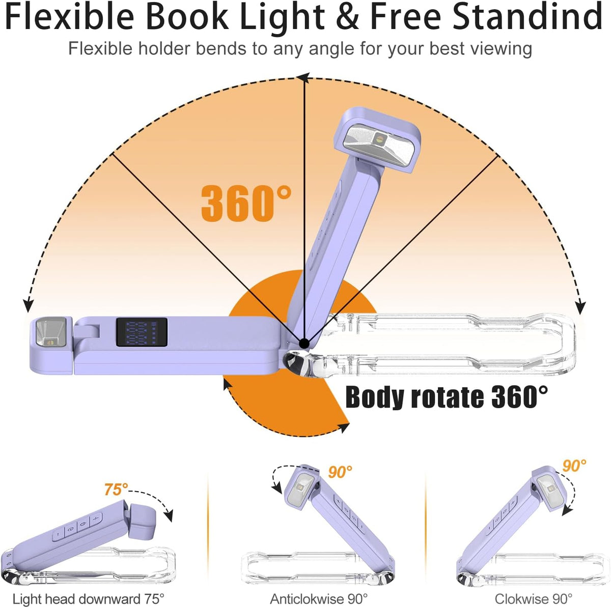 SFV Digital Book Lights for Reading at Night, USB Rechargeable Reading Lights for Books in Bed Clip-on, 3 Colors & 5 Brightness Dimmable, Compact & 80H Long Lasting for Book Lovers, Kids, Violet