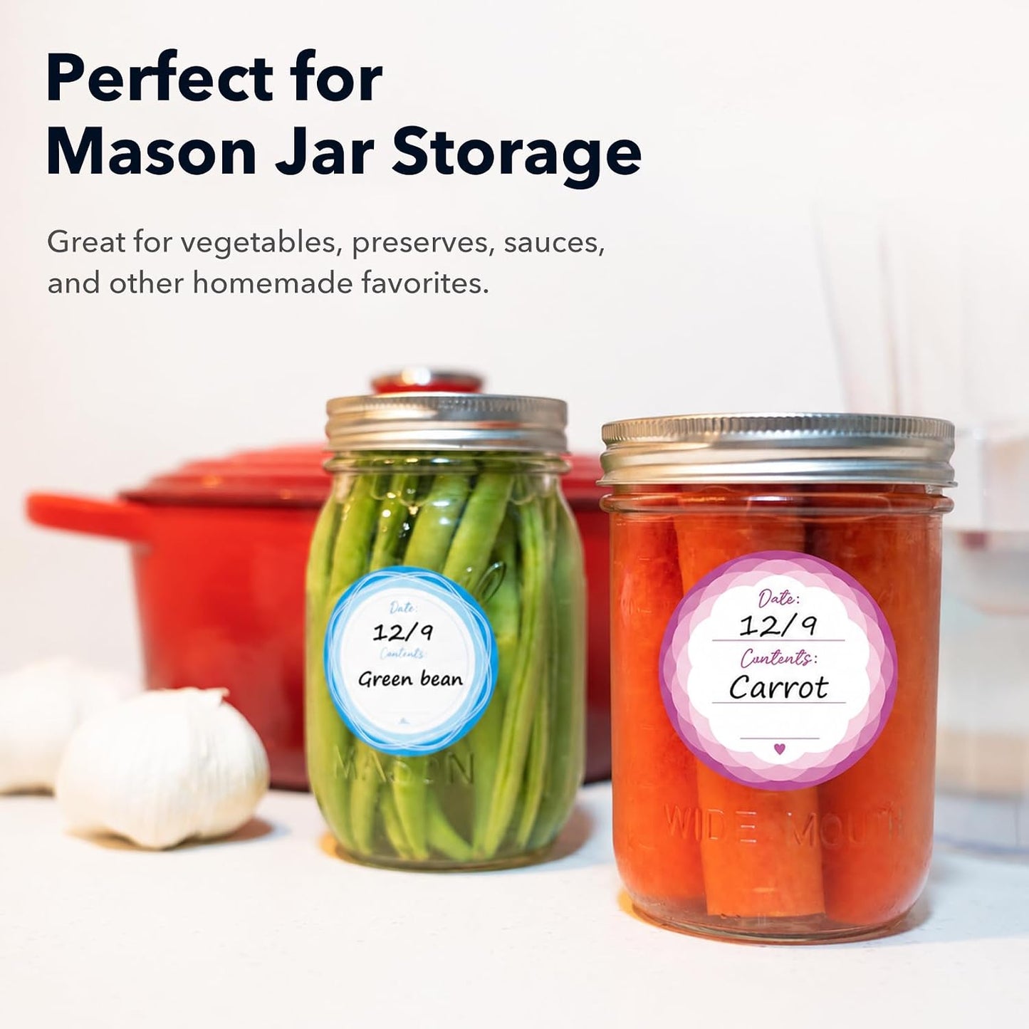 2" Mason Jar Canning Labels, 9 Colors, Microwave/Freezer Safe, 90 | Waterproof, removable stickers for glass or plastic. Easy to write on and removes with zero sticky residue.