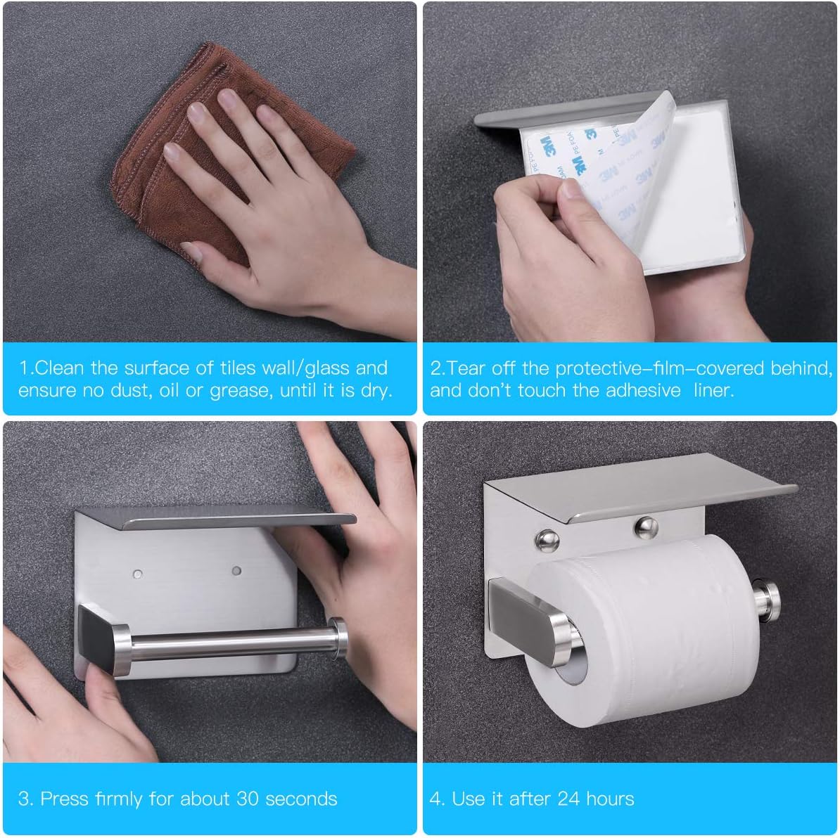 VAEHOLD Self Adhesive Toilet Paper Holder with Phone Shelf Stainless Steel Wall Mounted Toilet Paper Roll Holder - Rustproof and Bathroom Washroom Tissue Roll Holder with Shelf - Black