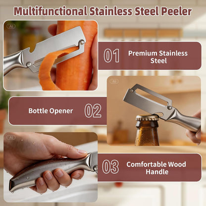 Julienne Peeler Vegetable Peeler for Veggie Potato Carrot(2 Pack) | Multifunctional Cabbage Shredder | 3 in 1 Peeler and Julienne Shredder Tool | Wooden Handle | Bottle Opener