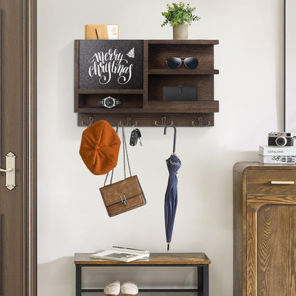 Key Holder for Wall, Mail Organizer Wall Mount with Key Hooks and Wallet Holder, Sunglasses Storage and Dog Leash Hanger, Decorative with 4 Double Hooks and Chalkboard
