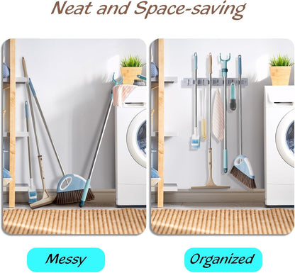OUTNILI Mop and Broom Holder Wall Mount - Wood Broom Mop Hanger - Wall Mounted Garden Tool Rack Organizer for Closet Garage Laundry Room, Rustic Kitchen Decor With 4 Slots & 4 Hooks
