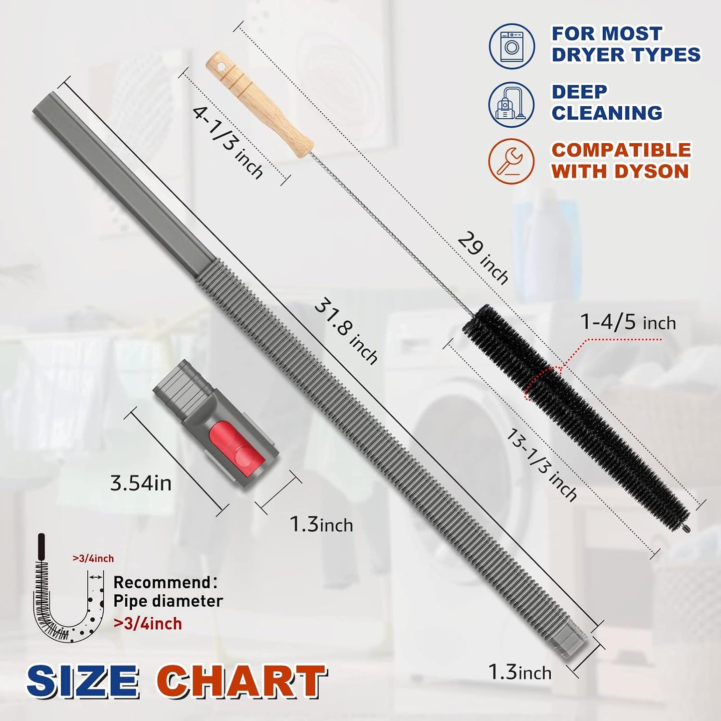 Sealegend 2 Pieces Dryer Vent Cleaner Kit Compatible with Dyson V7 V8 V10 V11 V15 or Higher Models and Dryer Lint Brush Vacuum Hose Attachment Power Lint Remover Refrigerator Coil Brush, Grey