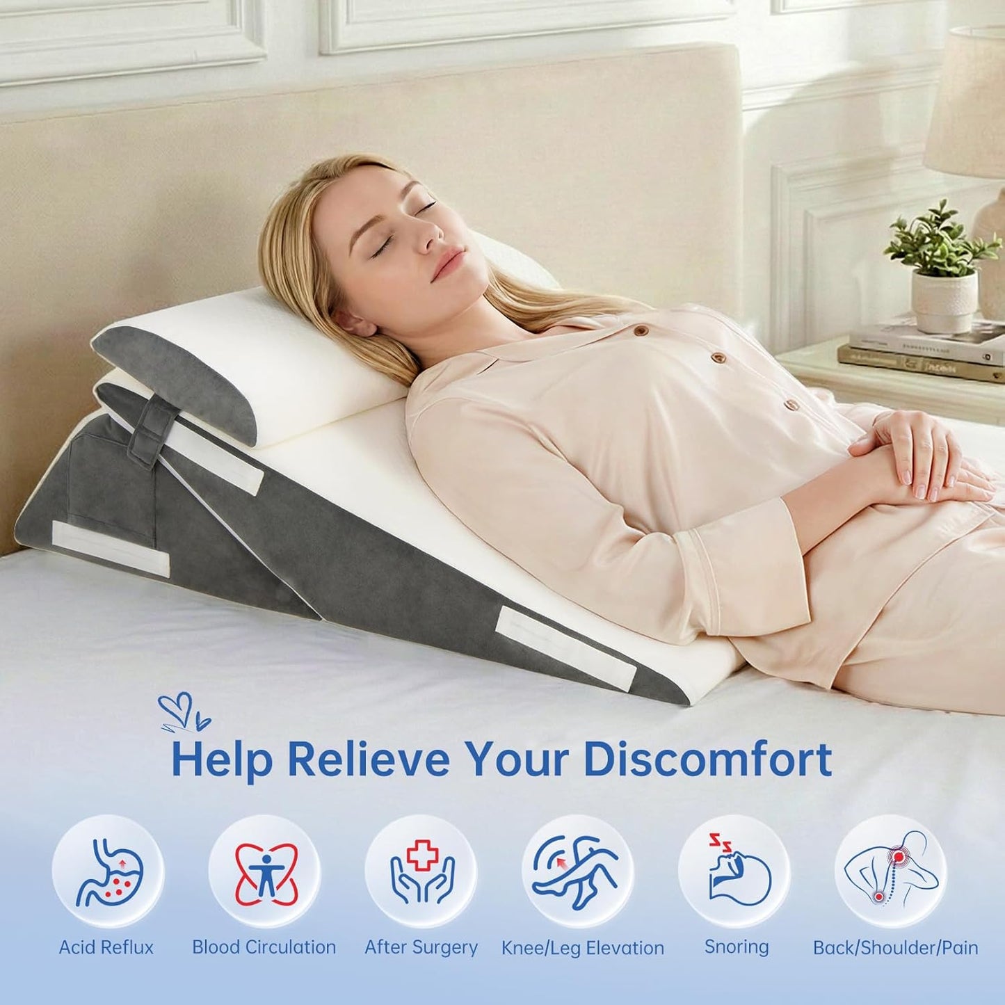 Vekkia 34" Extra-Long Wedge Pillow,7.5" Bed Wedge Pillow for Sleeping,White | Pillow Wedge Back Support for After Surgery, Idea for Acid Reflux,Snoring Relief,Removable Washable Cover&Double Side Pockets