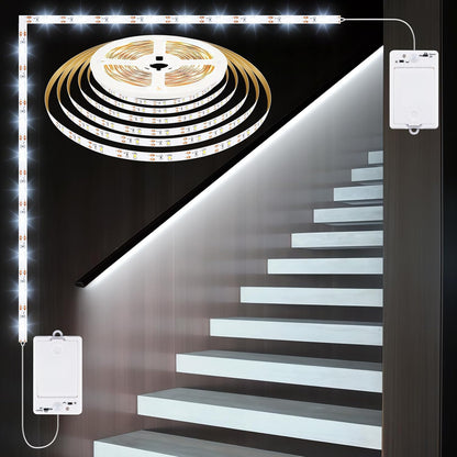 OMIKA Dual Sensor Stair Lights Indoor, Rechargeable 16.4ft LED Strip Light, 150 LEDs Double Motion Activated Under Bed Night Lights for Shelves, Stairway, Closet, Corridor, Bedroom, 6000K Cool White