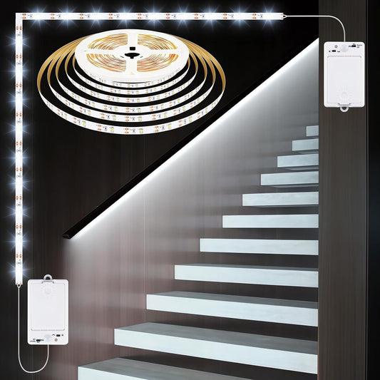 OMIKA Dual Sensor Stair Lights Indoor, Rechargeable 16.4ft LED Strip Light, 150 LEDs Double Motion Activated Under Bed Night Lights for Shelves, Stairway, Closet, Corridor, Bedroom, 6000K Cool White