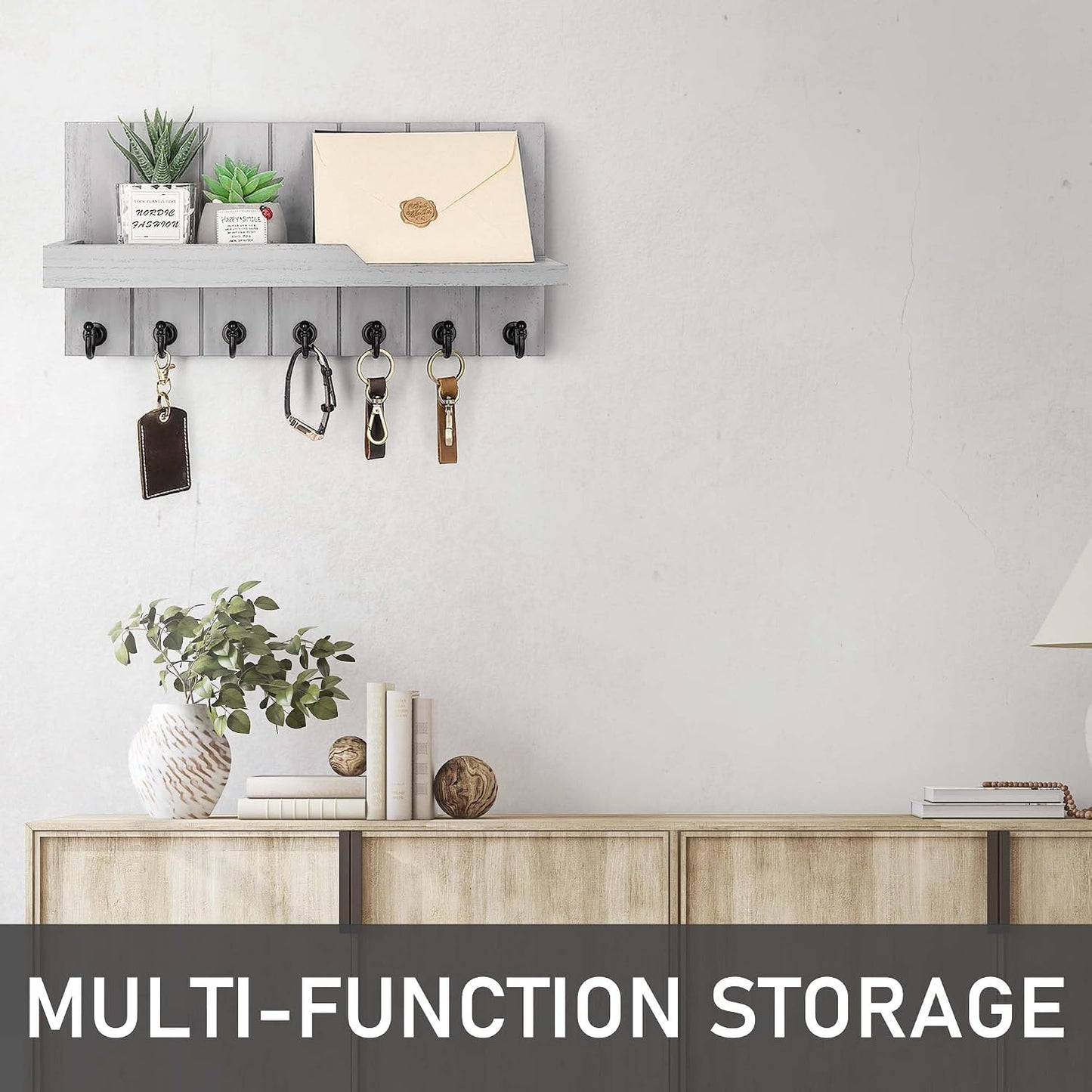 Rebee Vision Key Holder Wall Mount with 5 Key Hooks for Home Decor, Brown | 3.54'' x 10'' x 7.28'', Small Shelf for Display Plant, Key Hangers for Hat, Entryway Space-Saving Storage