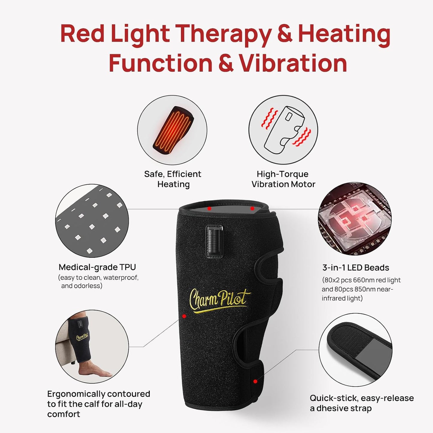 Red Light Therapy Pad for Calf, Vibrating Massage Heating for Leg | Infrared Light Therapy Wraps, Adjustable Power and Modes, Perfect for Office, Home, and Post-Workout Use(Black)