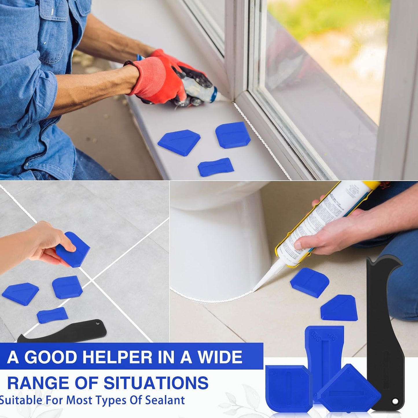 Outus 4 Pieces Silicone Caulking Tool Set Sealant Finishing Grout Scraper Caulking Removal Tool for Kitchen Bathroom Floor Sink Joint Sealant Sealing Home House Renovation, Reuse and Replace (Blue)