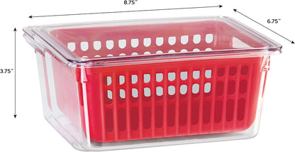 Oggi Berry Container for Fridge - Double Colander Basket - Ideal Berry Containers for Fridge, Includes Berry Colander Insert (8.75" x 6.75" x 3.75"), Red