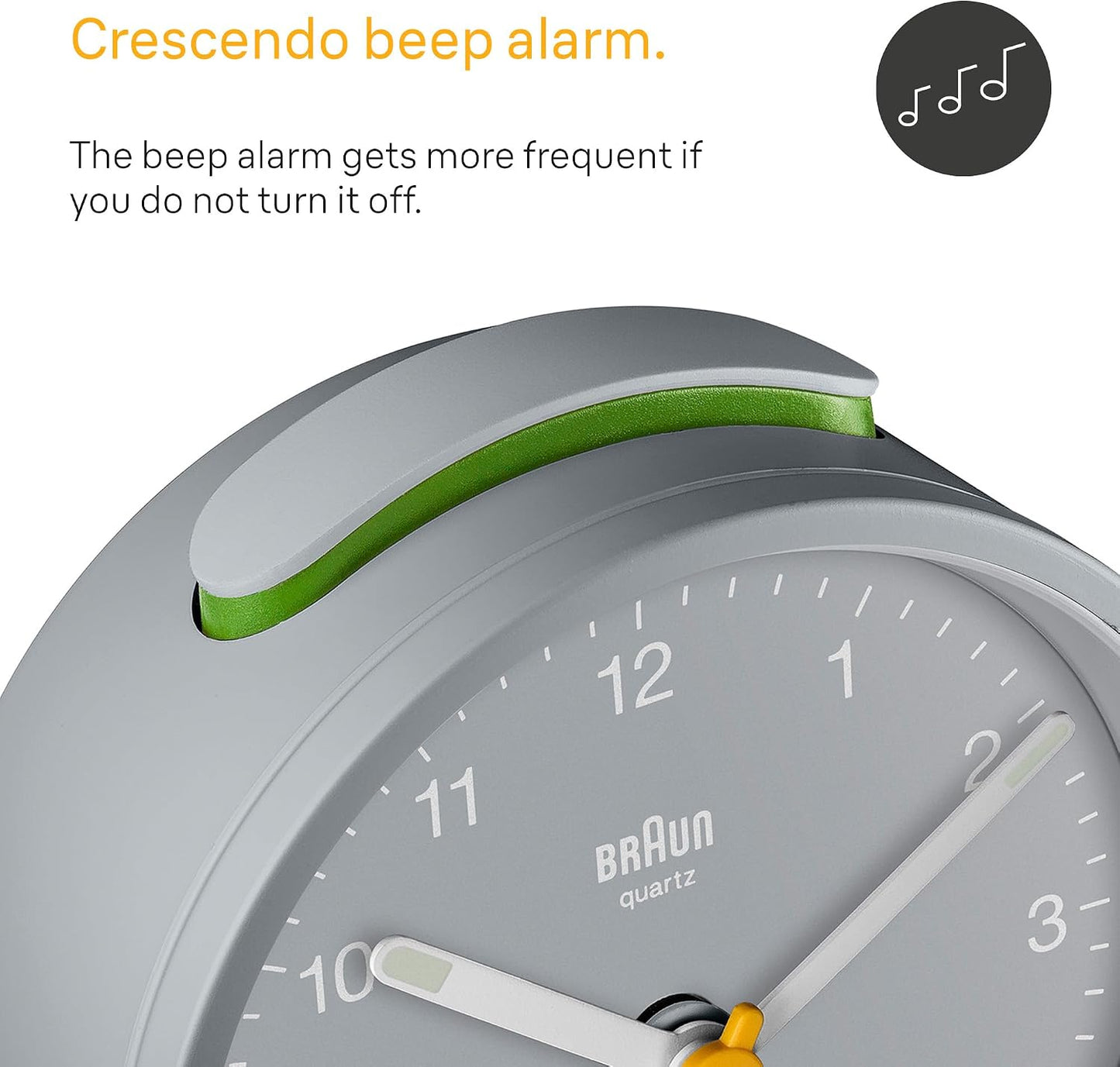 Braun Classic Analogue Alarm Clock with Snooze and Light, Quiet Quartz Movement, Crescendo Beep Alarm in White, Model BC12W.