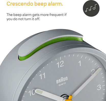 Braun Classic Analogue Alarm Clock with Snooze and Light, Quiet Quartz Movement, Crescendo Beep Alarm in White, Model BC12W.
