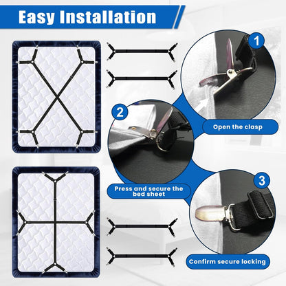 4pcs Bed Sheet Straps with Metal Clips, Sheet Holders Adjustable Elastic,Grippers Upgrade for Crib to King Size Bed Keep Sheets in Place.