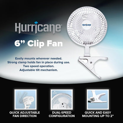 Hurricane 2-Pack Classic Clip-On Table Fan with 2 Quiet Speeds, White, 6" - Portable Corded Electric Air Cooling Unit with 306 CFM and Adjustable Tilt for Desk, Shelf, Home, Office or Dorm Use