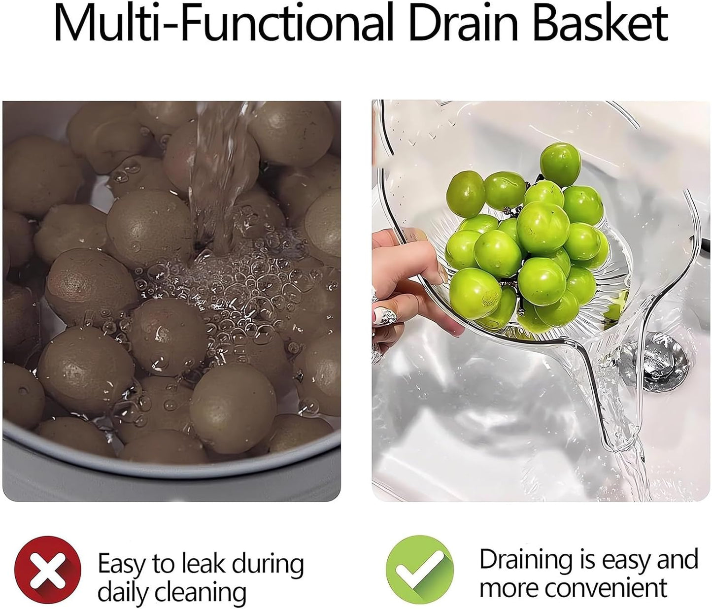 Multi-functional Drain Basket - 2024 New Fruit Cleaning Bowl with Strainer Container, Kitchen Sink Food Catcher Drainer Rinser Vegetable Washing Filter over the Colander (1PC, Clear)