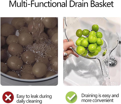 Multi-functional Drain Basket - 2024 New Fruit Cleaning Bowl with Strainer Container, Kitchen Sink Food Catcher Drainer Rinser Vegetable Washing Filter over the Colander (1PC, Clear)