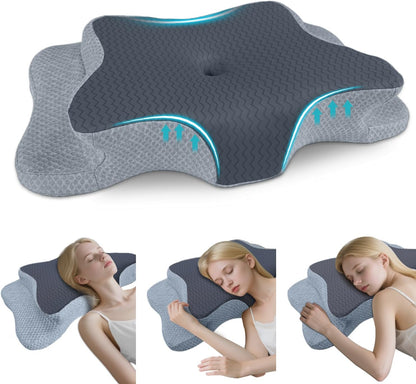 CHxxy Memory Foam Pillows, Cervical Pillow for Neck & Shoulder Pain Relief | Ergonomic Contour Bed Pillow, Soft for Side Sleep Stomach Sleeping and Back Sleeper-Queen Size&Grey