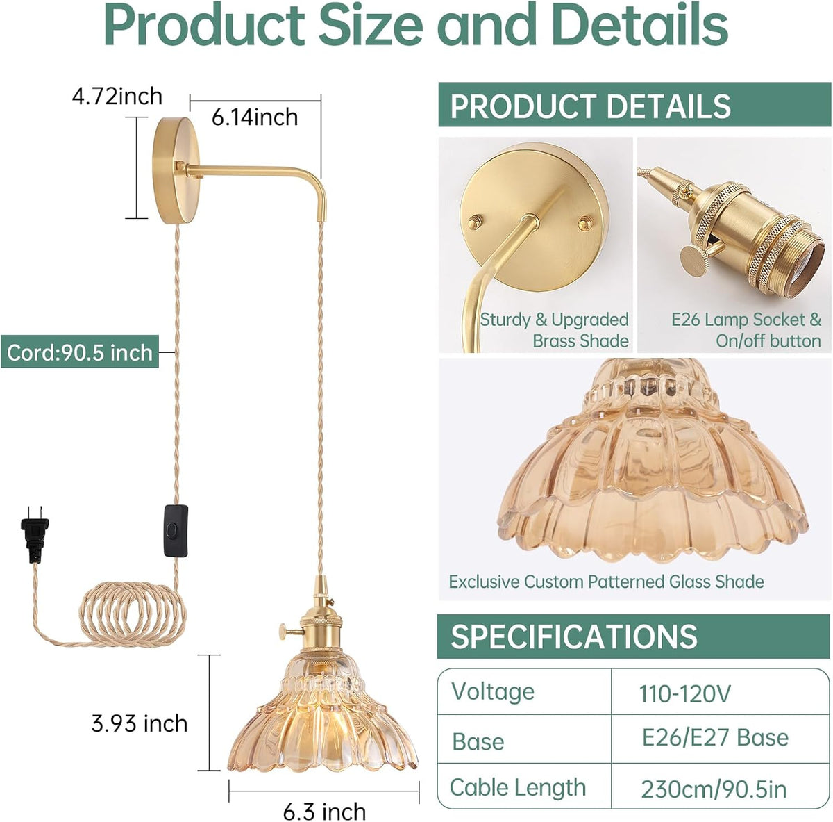 Shenmoyl Battery Operated Wall Sconce Wall Lamp with Green Lily of the Valley Shade Pattern Glass Adjustable Chain Retro Gold Wall Mounted Light, Modern Wall Lamp Fixtures Decor for Bedside Bedroom