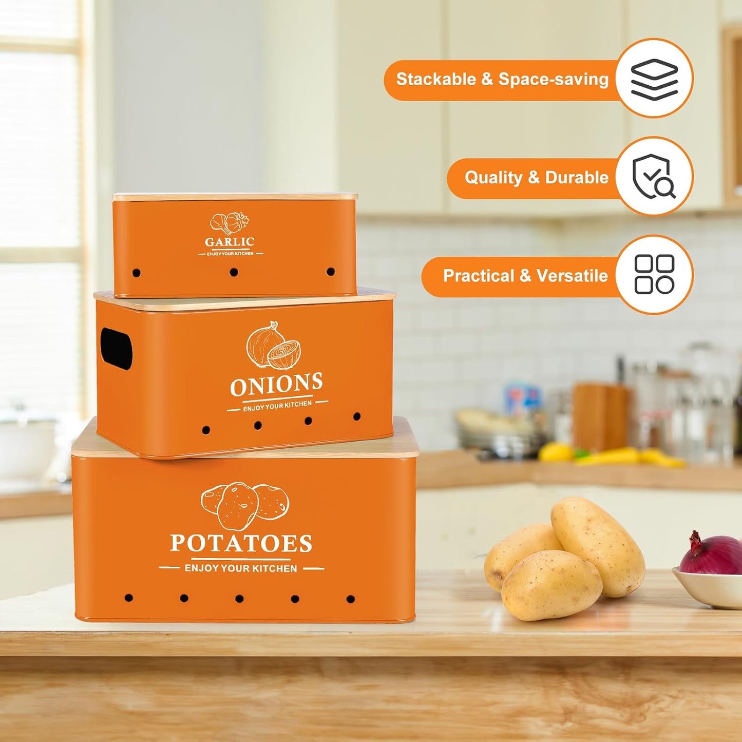 Kitchen Vegetable Storage Set of 3, Metal Onion Garlic Potato Storage Set, Kitchen Canisters Vegetable Keeper Containers with Aerating Holes and Bamboo Lid,Black