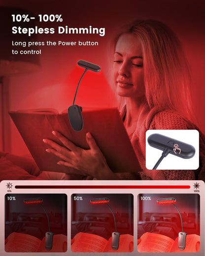 670nm Red Light Book Light LED Rechargeable USB-C Clip On Book Lights for Reading at Night, 100% No Blue-Light Eye Care Book Lamp 360° Flexible, Gift for Kids, Travel, Learning