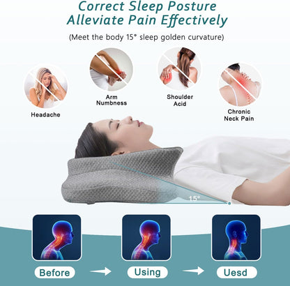 CHxxy Memory Foam Pillows, Cervical Pillow for Neck & Shoulder Pain Relief | Ergonomic Contour Bed Pillow, Soft for Side Sleep Stomach Sleeping and Back Sleeper-Queen Size&Grey