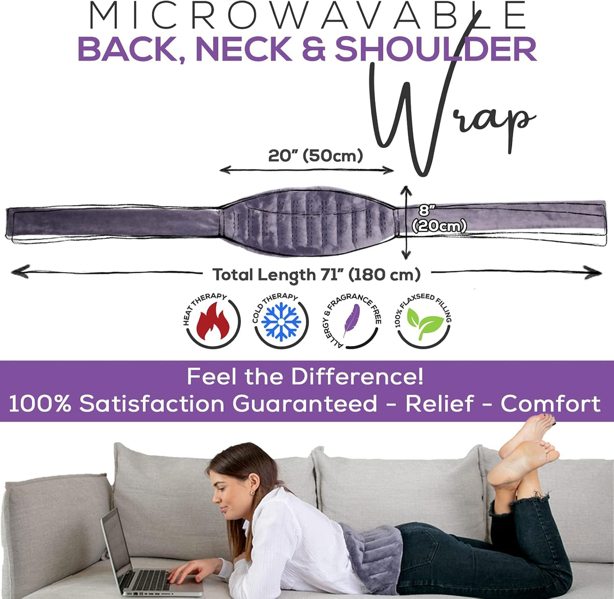 Purple Moon Collection - Microwavable Heating Pad with Straps - Medium, Gray - Reheatable Heat Pack for Back, Neck, Shoulders Pain Relief - Hot/Cold Therapy Body Wrap for Menstrual Cramps
