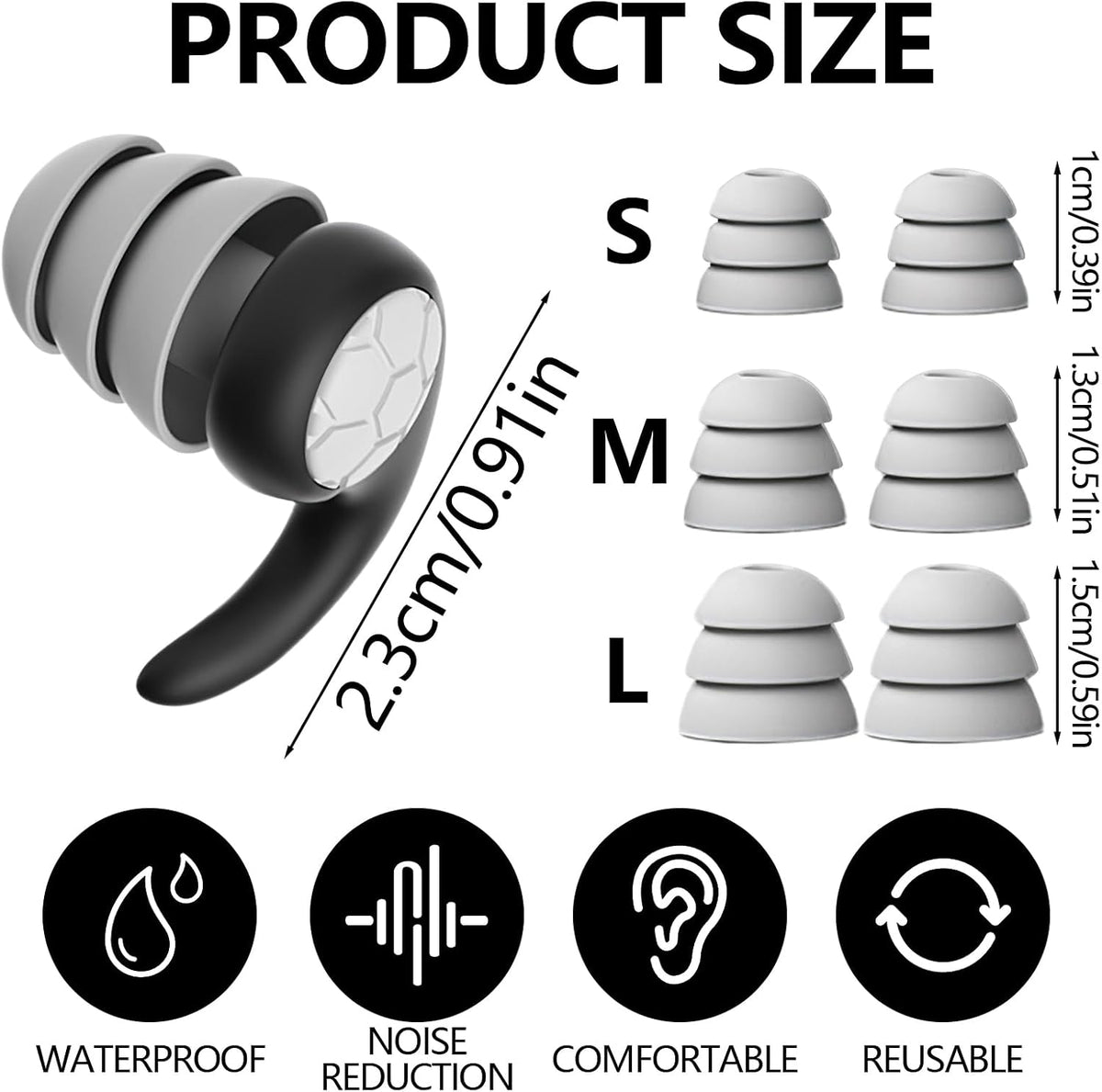 Noise Cancelling Ear plugs for Sleeping - Black Comfortable Reusable Silicone Earplugs for Sleep 24dB Noise Reduction Snoring and Studying Travel Concerts Hearing Protection with 3Tips and Storage Box