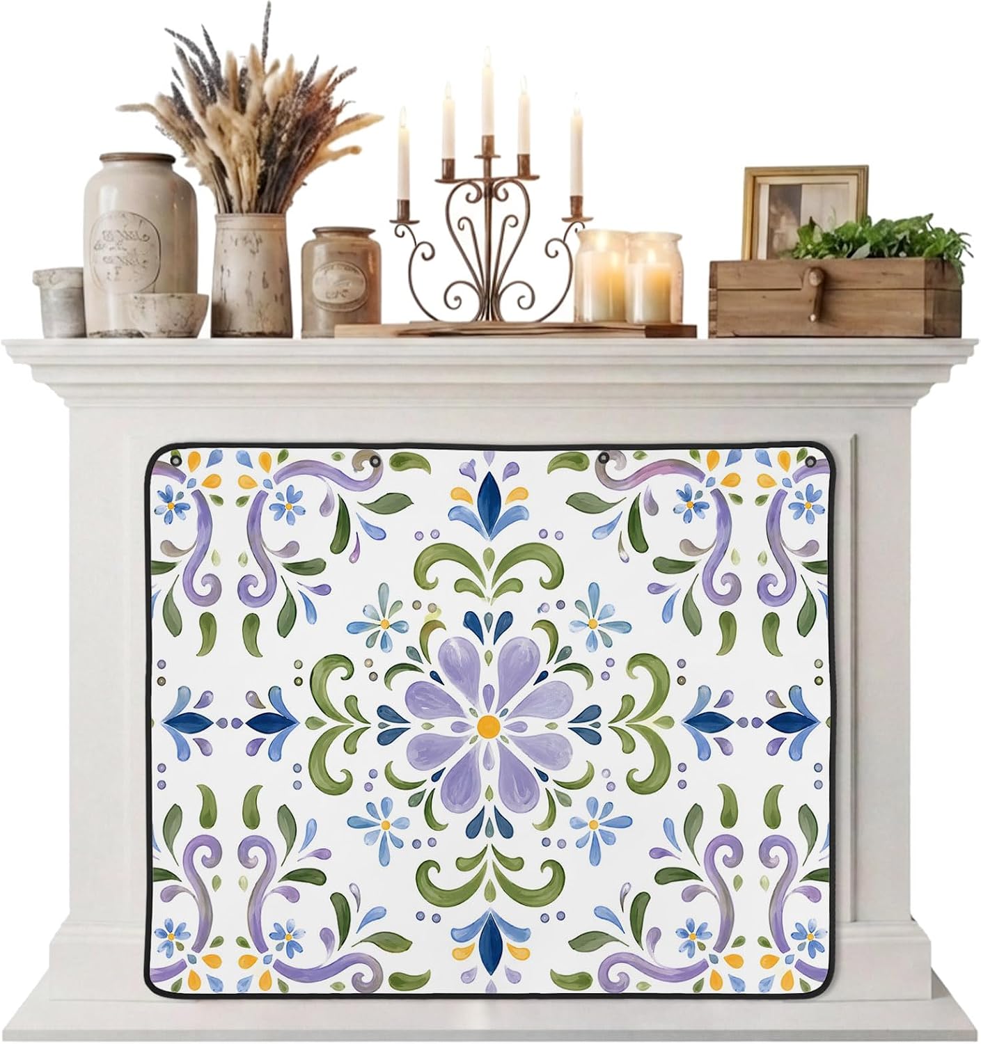 Magnetic Fireplace Cover Bird Branches Fireplace Screen Decorative Green Leaves Frame Insulation Fireplace Blocker Blanket Save Energy Fireplace Draft Stopper Covers for Living Room 45x34 Inch