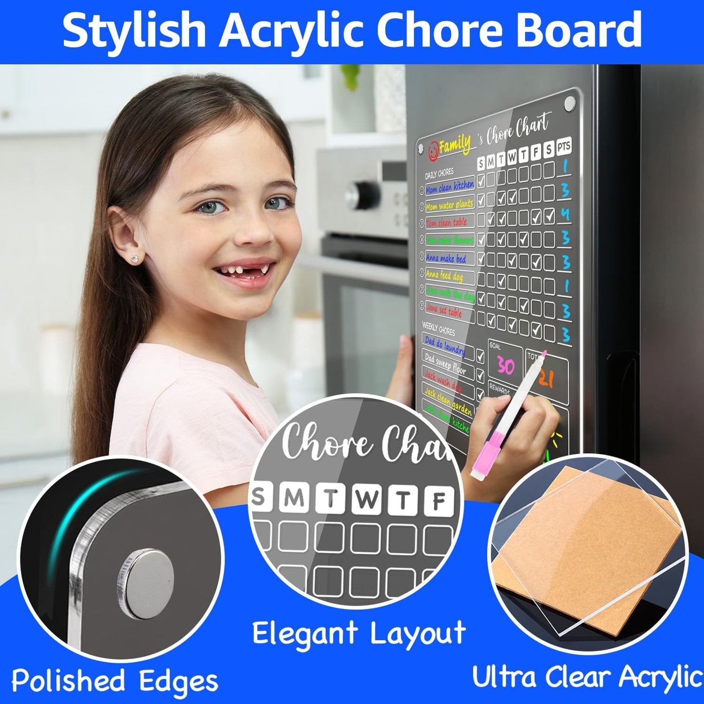 PigPotParty Acrylic Magnetic Chore Chart for Kids, 12x9.5 Inch, 2 Pack | Sleek Clear Acrylic Design, Reward System Builds Habits, Built-In Magnets Require No Installation, 8 Wet-Erase Markers