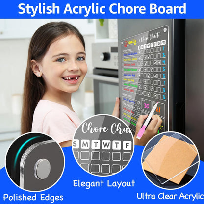 PigPotParty Acrylic Magnetic Chore Chart for Kids, 12x9.5 Inch, 2 Pack | Sleek Clear Acrylic Design, Reward System Builds Habits, Built-In Magnets Require No Installation, 8 Wet-Erase Markers