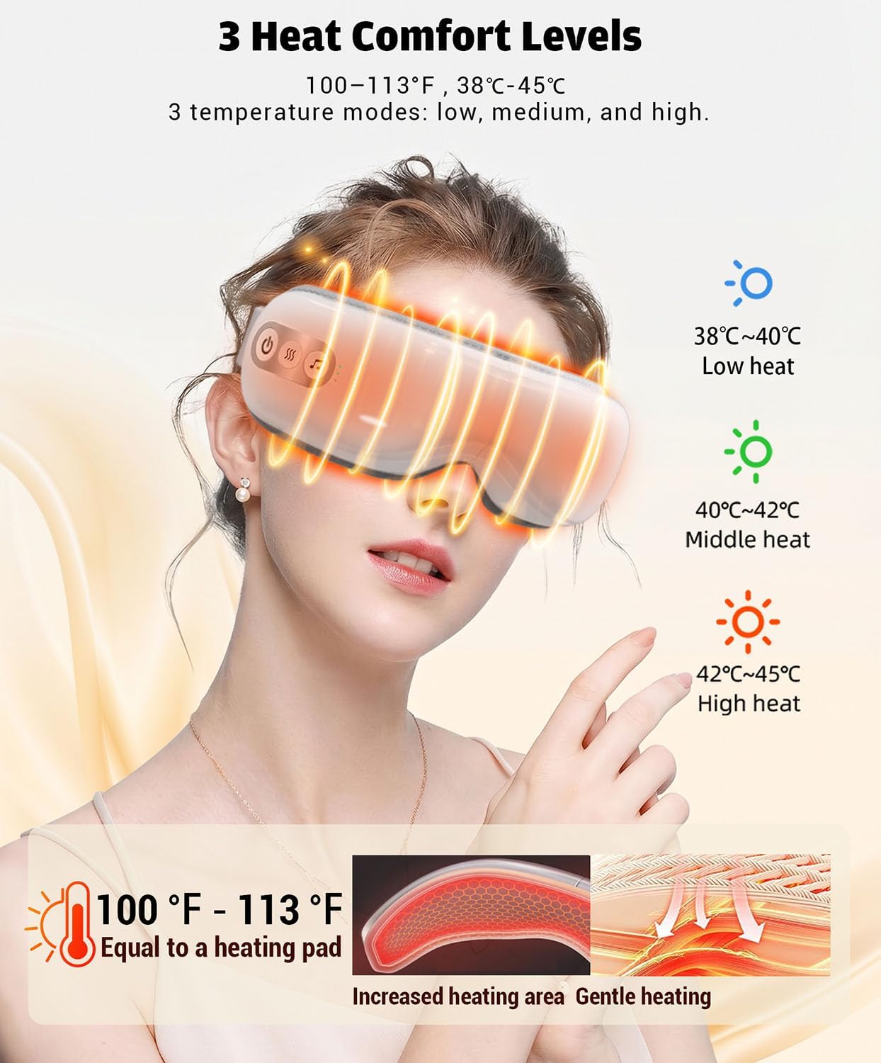 Eye Massager with Heat & Cooling, Cordless Relax Gift | 3 Heat Levels (100-113°F) & Cooling Gel for Dry/Puffy Eyes, 5 Modes, BT Music, Light Block, 1200mAh, Foldable