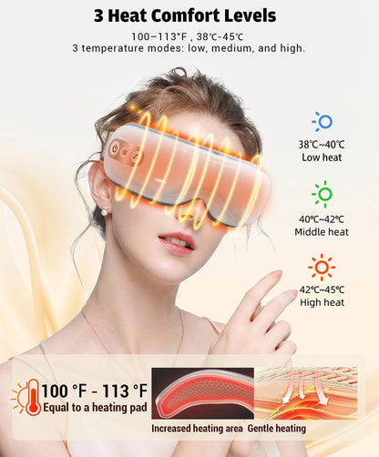 Eye Massager with Heat & Cooling, Cordless Relax Gift | 3 Heat Levels (100-113°F) & Cooling Gel for Dry/Puffy Eyes, 5 Modes, BT Music, Light Block, 1200mAh, Foldable