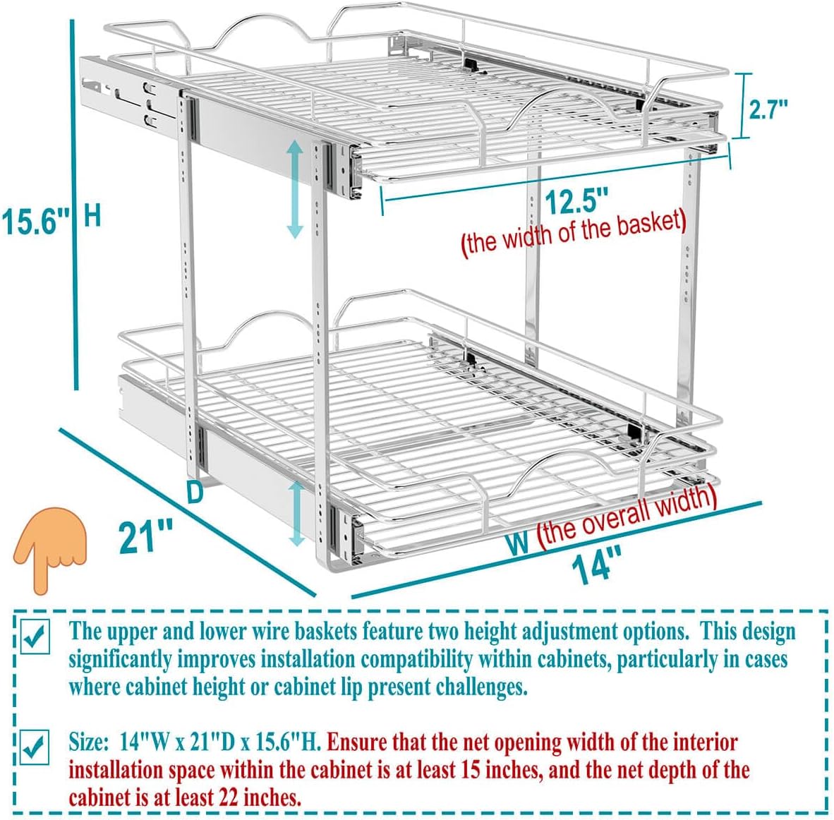 OCG Pull Out Cabinet Organizer (15" W x 21" D), Pull out Drawers, Cabinet Pull Out Shelves for Base Cabinet Organization in Kitchen Bathroom Pantry, Bottom Mount, Chrome Finish