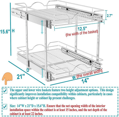 OCG Pull Out Cabinet Organizer (15" W x 21" D), Pull out Drawers, Cabinet Pull Out Shelves for Base Cabinet Organization in Kitchen Bathroom Pantry, Bottom Mount, Chrome Finish