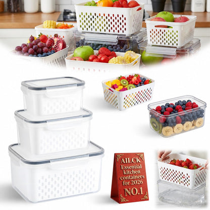 3 Pack Fruit Storage Containers for Fridge with Lids Organizers Basket Refrigerator Colander Kitchen Strainers and Colanders Vegetable Produce Food Glass Washer Airtight Lettuce Keeper Salad